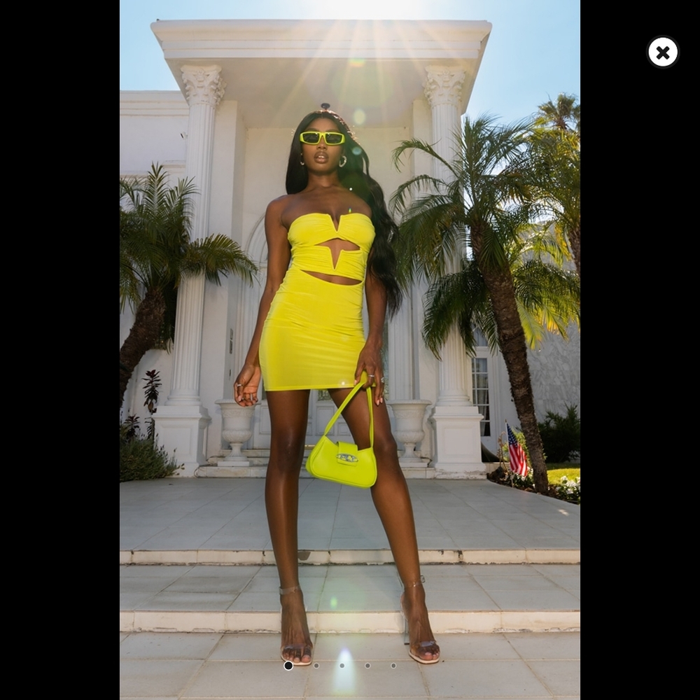 LIME SLINKY BANDEAU V BAR DETAIL CUTOUT BODYCON DRESS